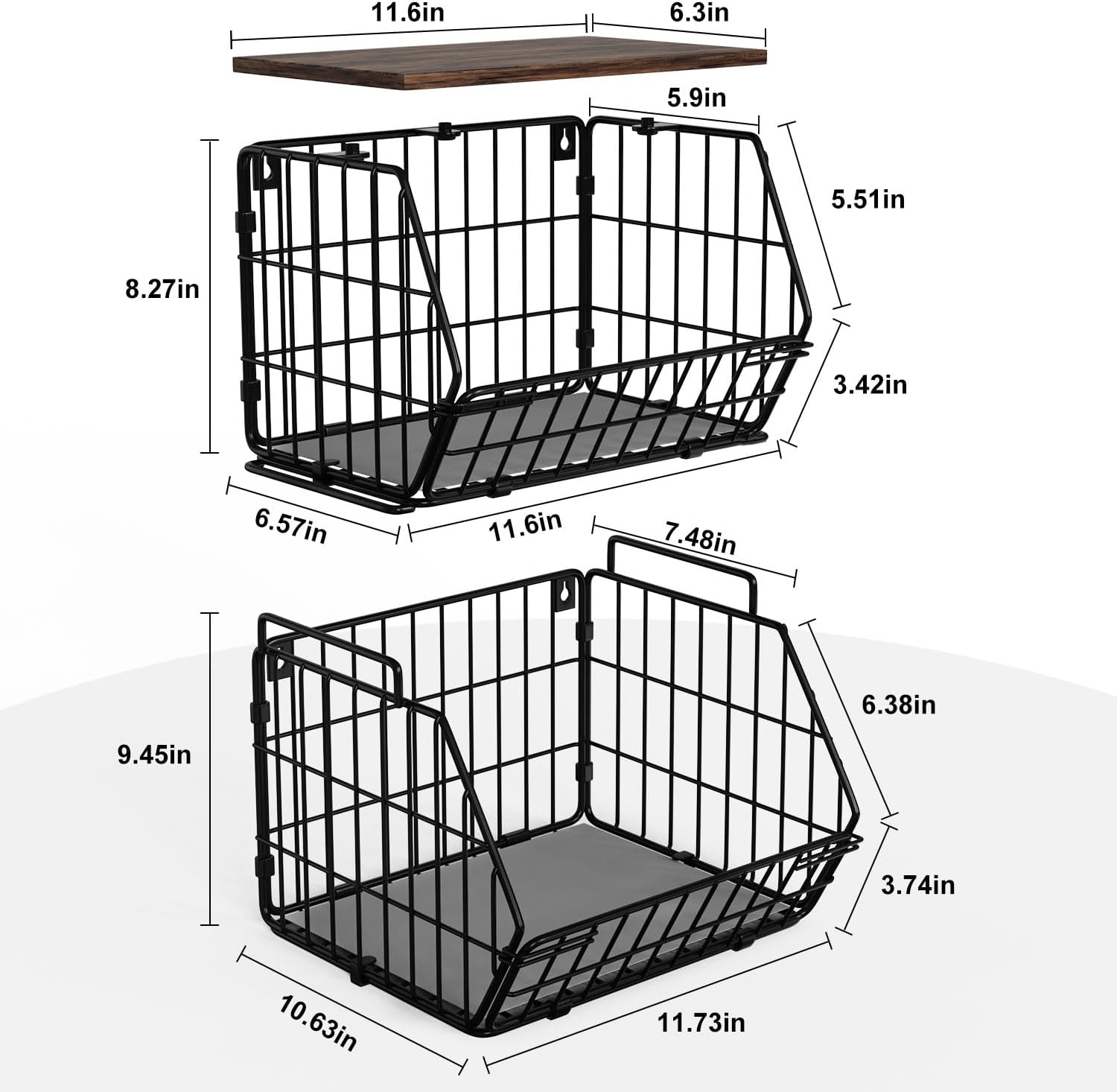Wetheny 2 Tier Stackable Wall Mounted Wire Basket Fruit Basket with Wood Lid - Kitchen Pantry