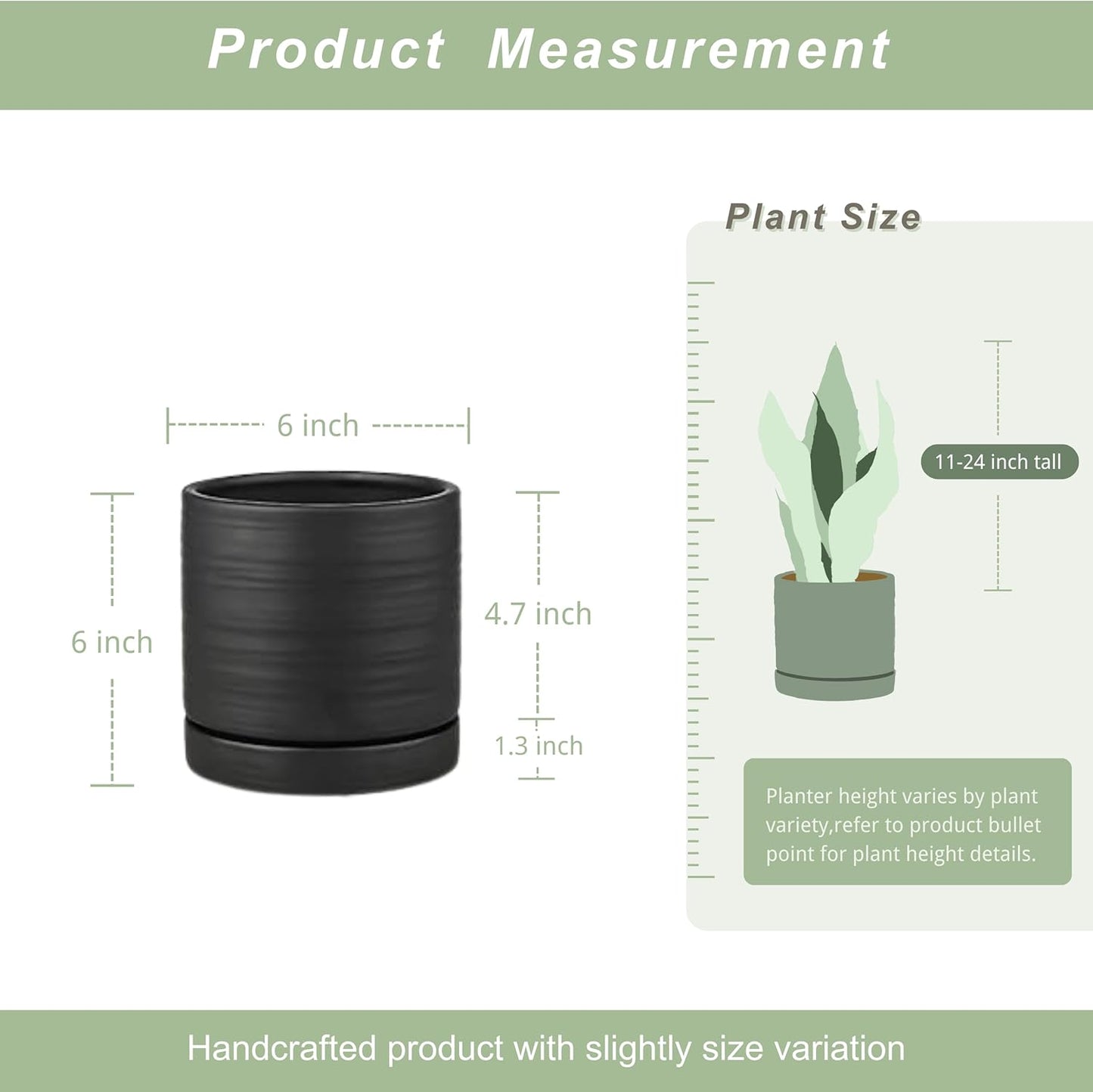 6 Inch Plant Pots, Ceramic Planter Pot with Drainage Hole & Saucer, Indoor/Outdoor Cylinder Round