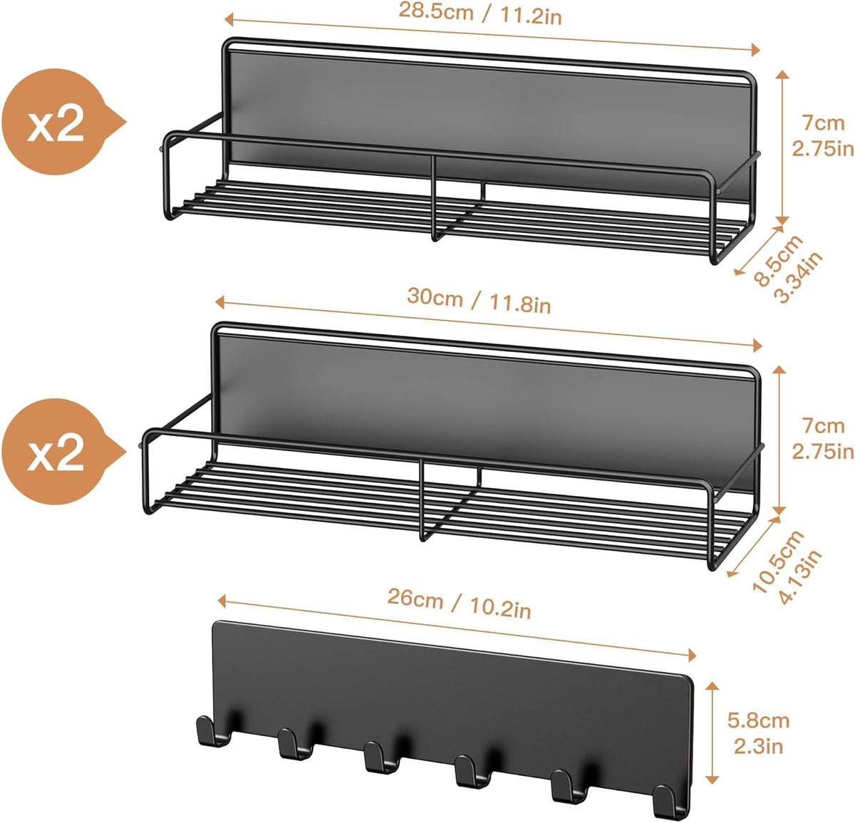 5-Pack Moveable Magnetic Spice Rack Organizer With 6 Hooks for Refrigerator, Metal Fridge Shelf