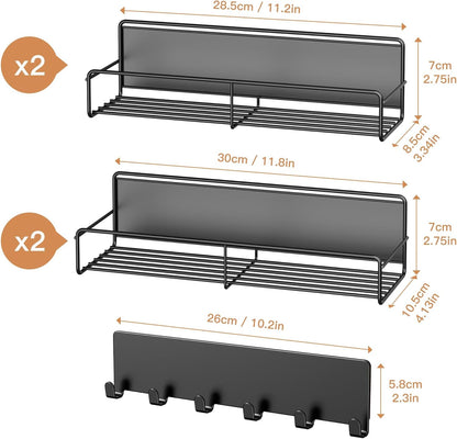 5-Pack Moveable Magnetic Spice Rack Organizer With 6 Hooks for Refrigerator, Metal Fridge Shelf