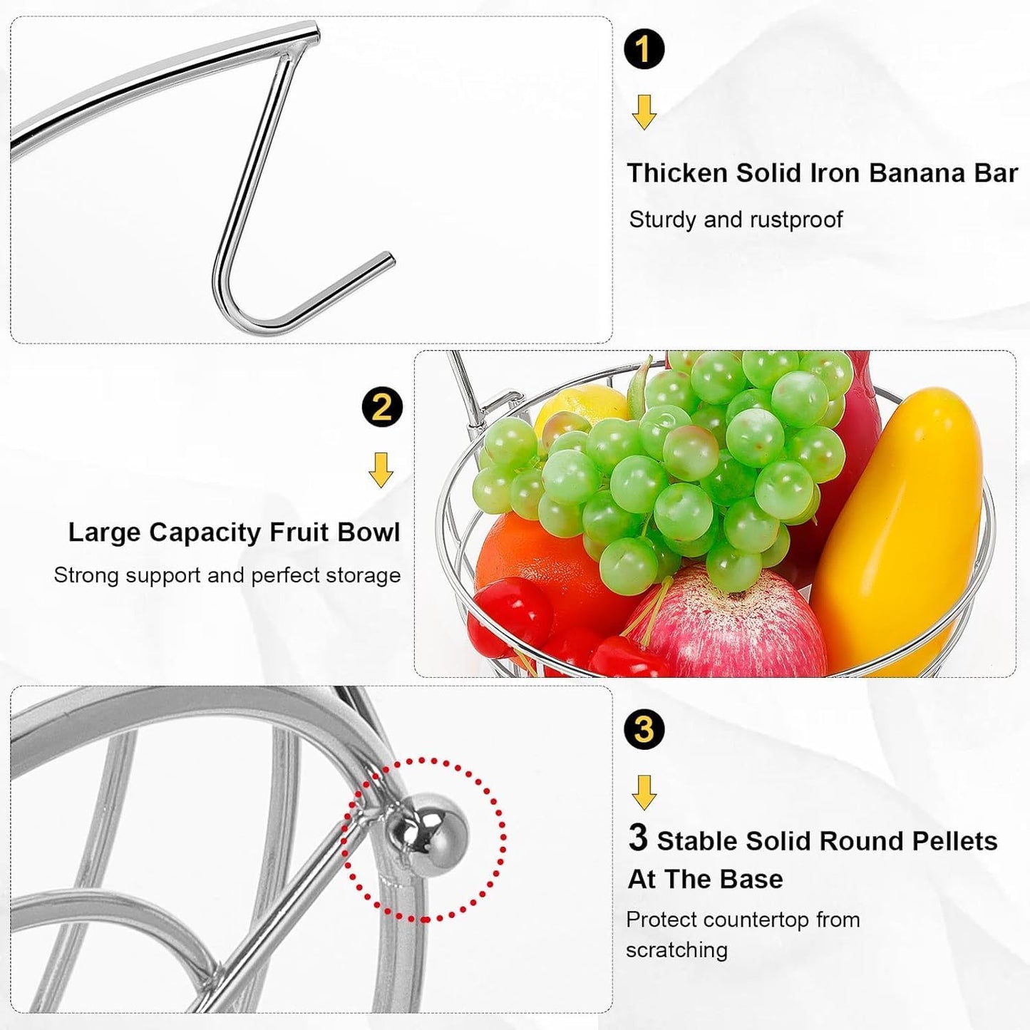 Livabber Countertop Fruit Basket Bowl with Banana Hanger, Modern Standing Fruit Vegetable Bowl