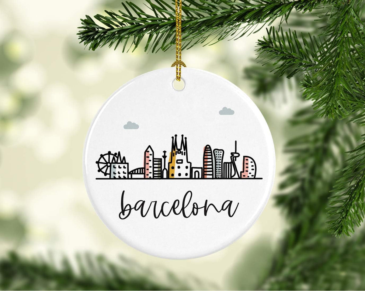 Andaz Press Round Ceramic Porcelain Christmas Tree Ornament Keepsake Gift, Barcelona, Colorful
