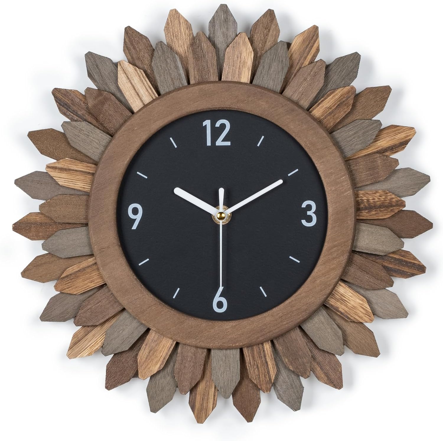 Honiway Wall Clock Battery Operated 12 in Rustic Wood Boho Sunburst Decorative Wall Clock Silent