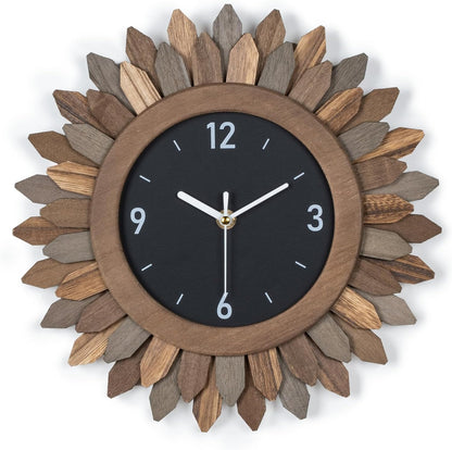 Honiway Wall Clock Battery Operated 12 in Rustic Wood Boho Sunburst Decorative Wall Clock Silent