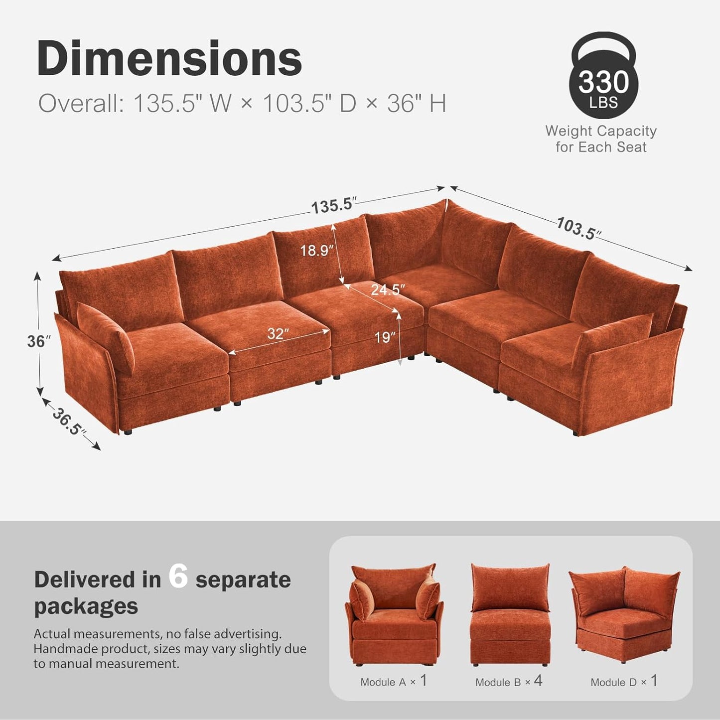 135.5" Oversized Modular Sectional Sofa, L Shaped Convertible Couch with Movable Ottoman, Large 6