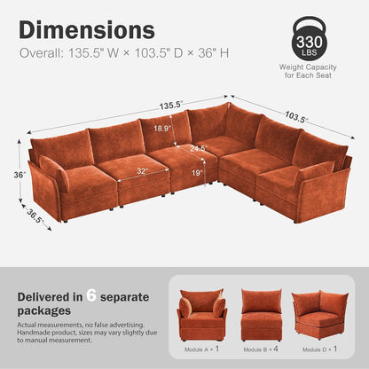 135.5" Oversized Modular Sectional Sofa, L Shaped Convertible Couch with Movable Ottoman, Large 6