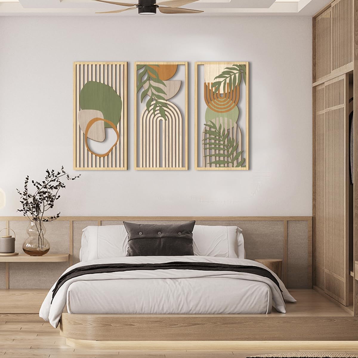 IARTTOP Boho Mid-century Modern Wood Wall Art 16x32 Inch Large Green Abstract Wood Wall Decor Mid