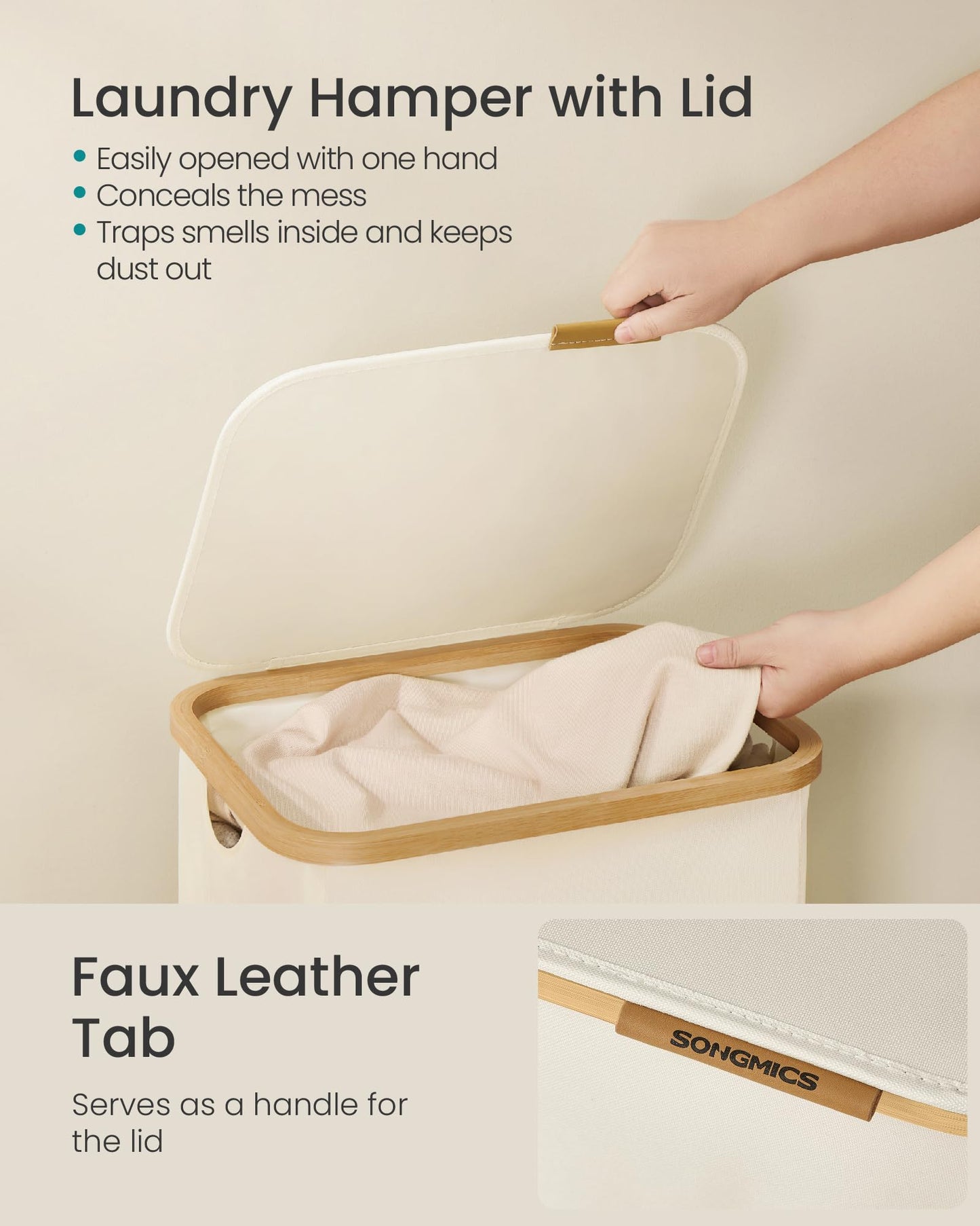 SONGMICS Laundry Hamper, Laundry Basket with Lid, Foldable Storage Basket, Bamboo Frame, for