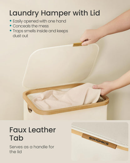 SONGMICS Laundry Hamper, Laundry Basket with Lid, Foldable Storage Basket, Bamboo Frame, for