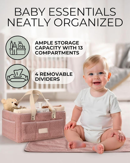 Baby Diaper Caddy Organizer with Portable Changing Mat - Teddy Fleece Diaper Organizer for Changing
