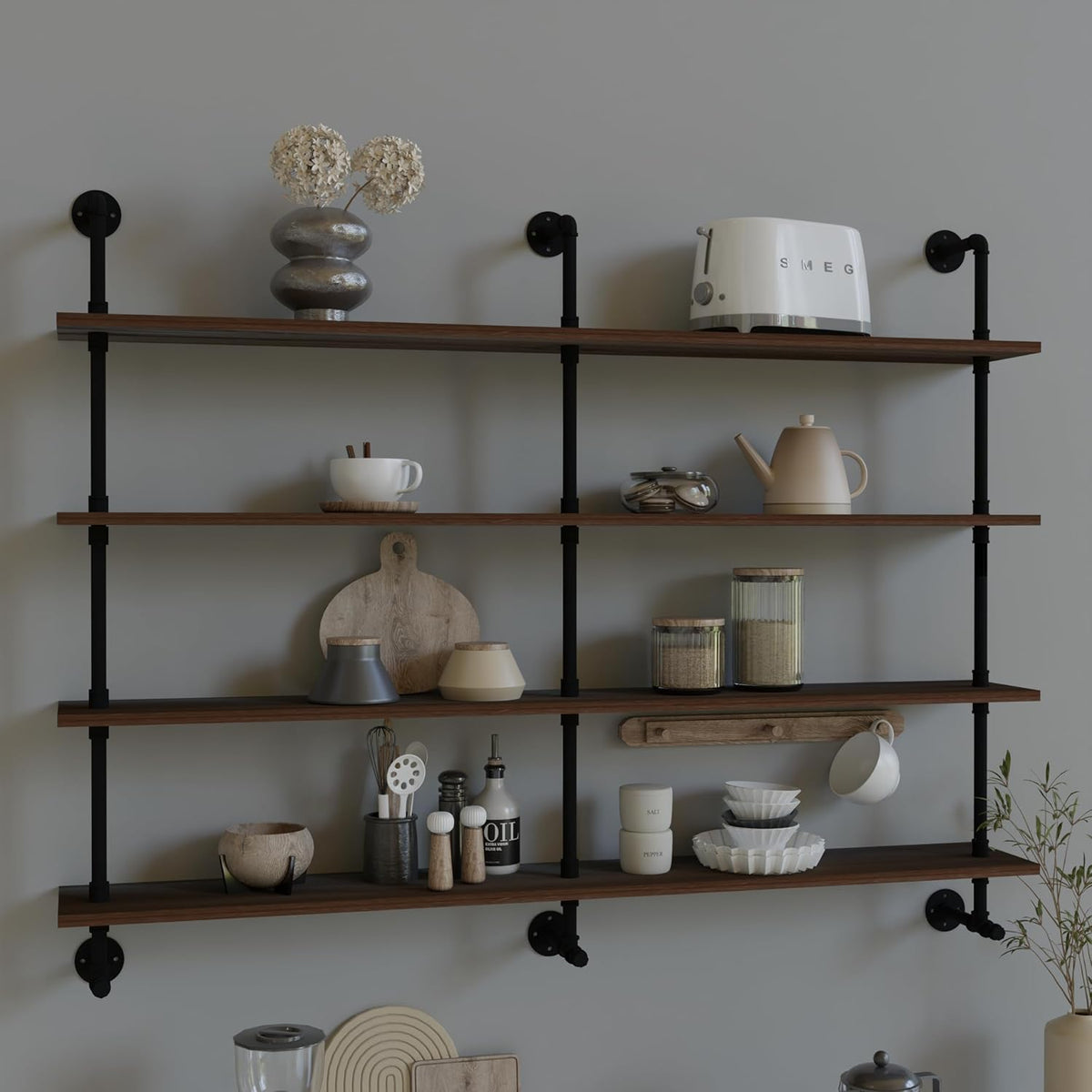 Industrial Pipe Wall Shelves Pipe Shelving with Real Wood Plank,60 Inches Floating Shelves for Wall