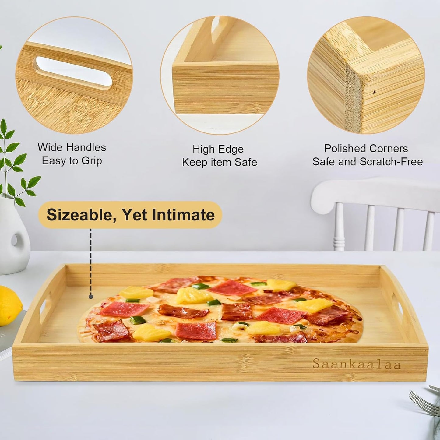 Bamboo Serving Tray Set of 2 Elegant for Coffee, Eating or Decor - Large and Small Rectangle