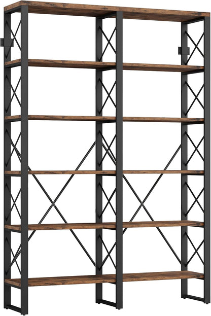 IRONCK Bookshelf Double Wide 6-Tier 76" H, Open Large Bookcase, Industrial Style Shelves, Wood and