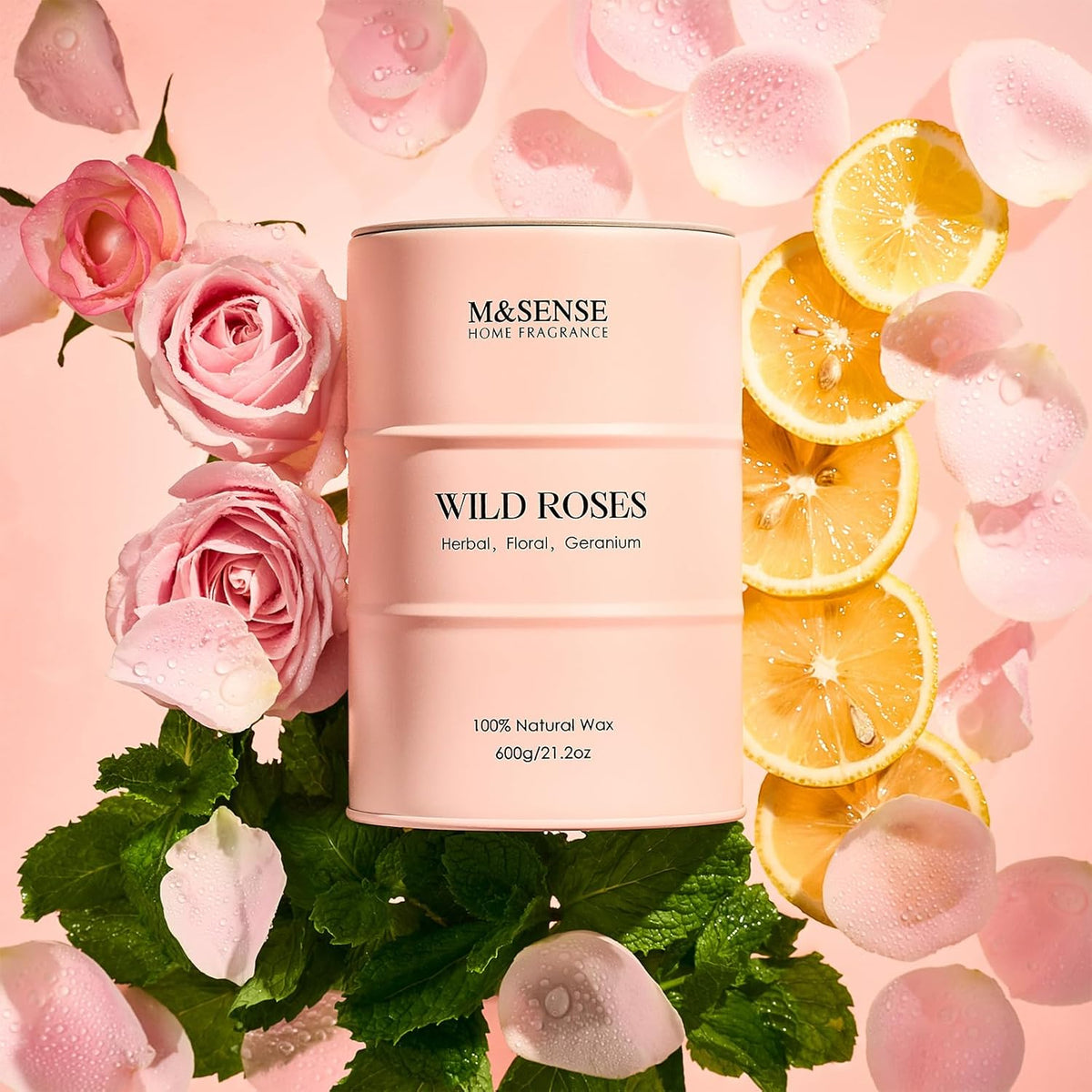 M&SENSE Wild Rose Large Natural Scented Candle, 120 Hours Long Lasting Soy Candles 21.2oz, Stress