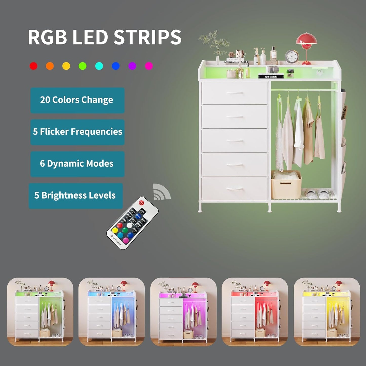 LUMTOK Modern 5 Dresser with LED Hanging Rack, Dresser with Clothes Rack, Hanger Rack, and Storage
