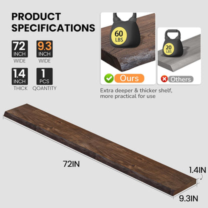 Floating Shelves for Wall, 72"x9.3" Rustic Solid Live-Edge Elm Wood Wall Shelves, Heavy-Duty