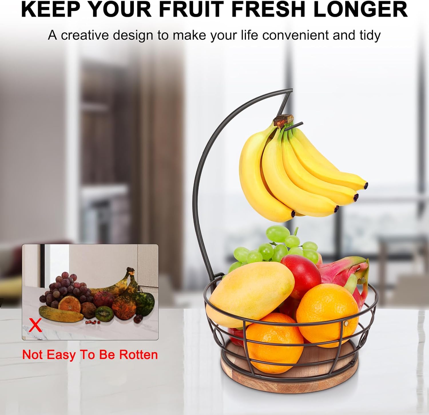 Livabber Countertop Fruit Basket Bowl with Banana Hanger, Modern Standing Fruit Vegetable Bowl