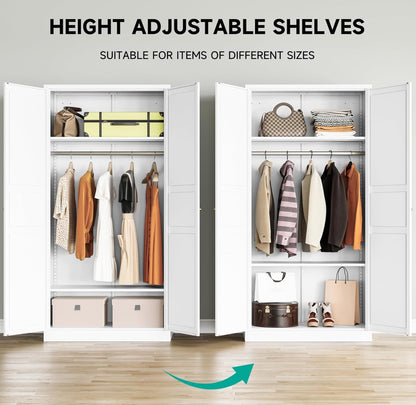 Metal Wardrobe Cabinet with Hanging Rod,White Armoire Wardrobe Closet,Metal Clothing Storage