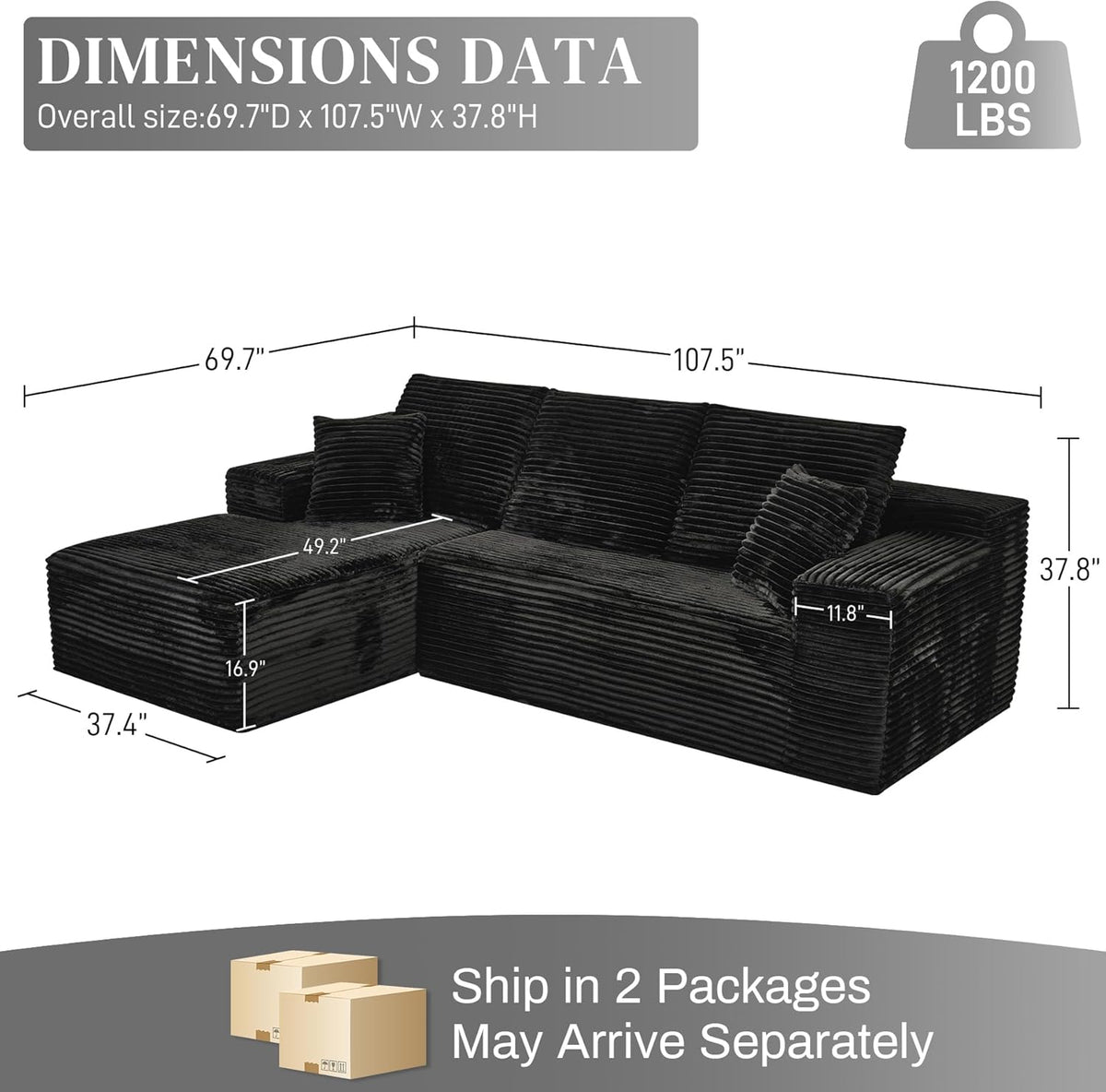Modular Sectional Sofa Cloud Sectional Couch, 107" Comfy Fluffy L Shaped Black Couches for Living