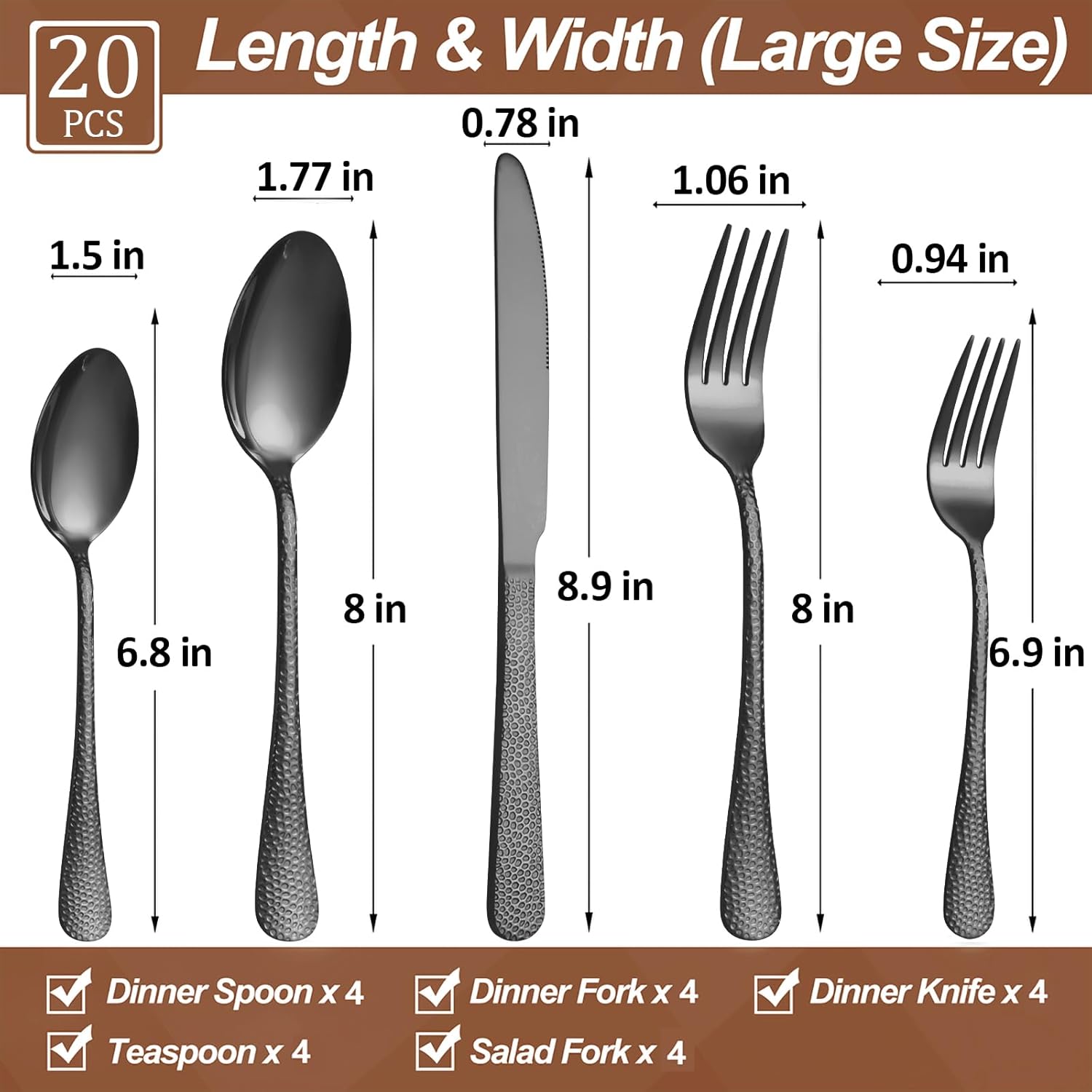 20 Pcs Black Silverware Set for 4 with Hammered Design, Food Grade Stainless Steel Flatware Set