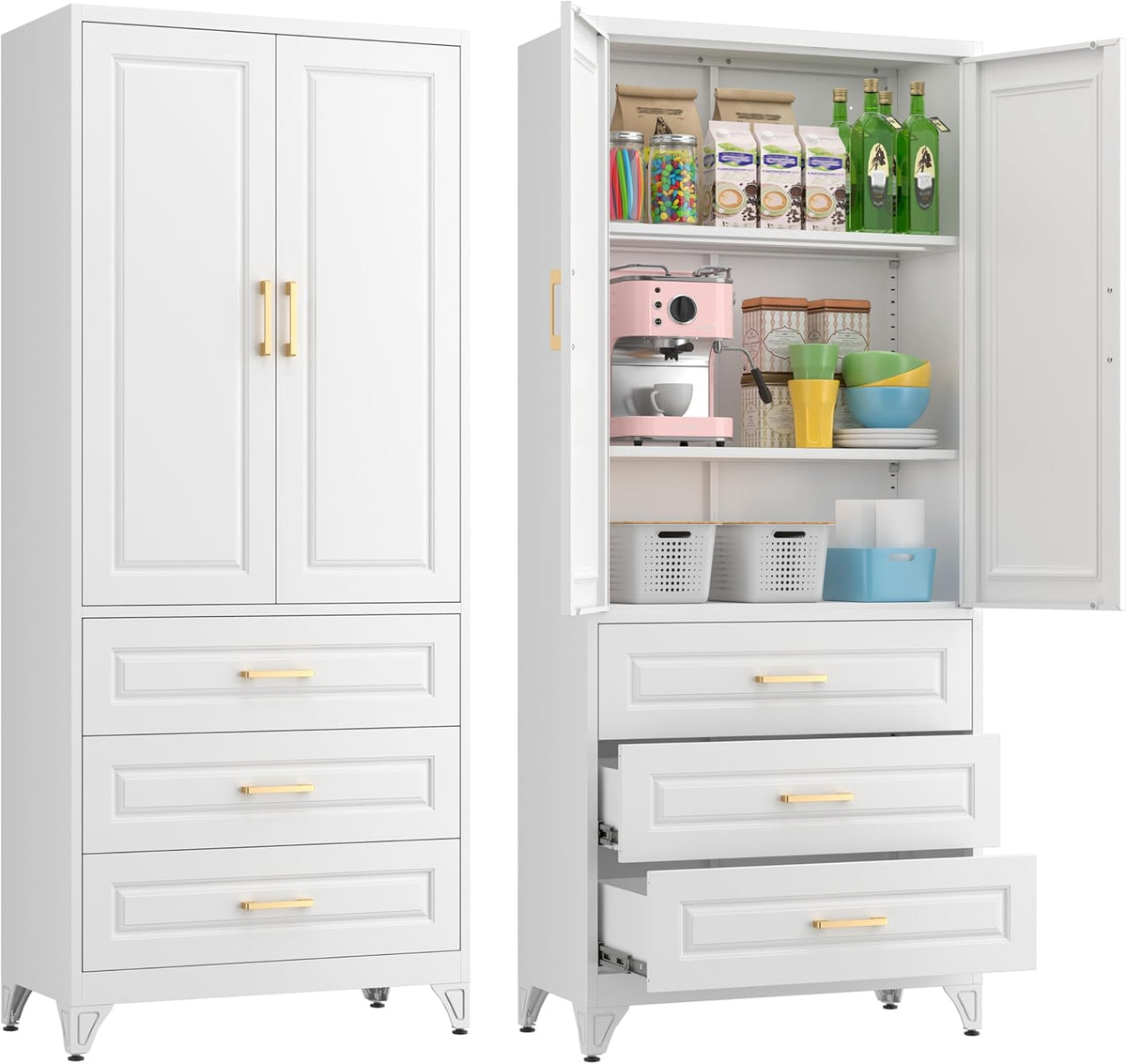 75" Kitchen Pantry Cabinet, Metal Storage Cabinets with Doors and Adjustable Shelves, White Tall