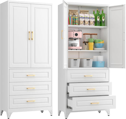 75" Kitchen Pantry Cabinet, Metal Storage Cabinets with Doors and Adjustable Shelves, White Tall
