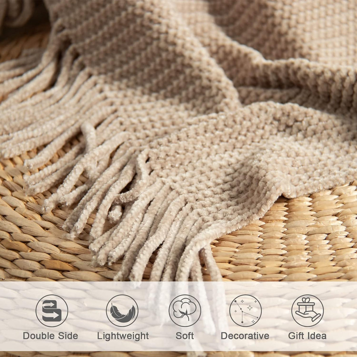 lifein Throw Blanket for Couch, Soft Boho Decor Bed Throw,Cozy Beige Knitted Chenille Small