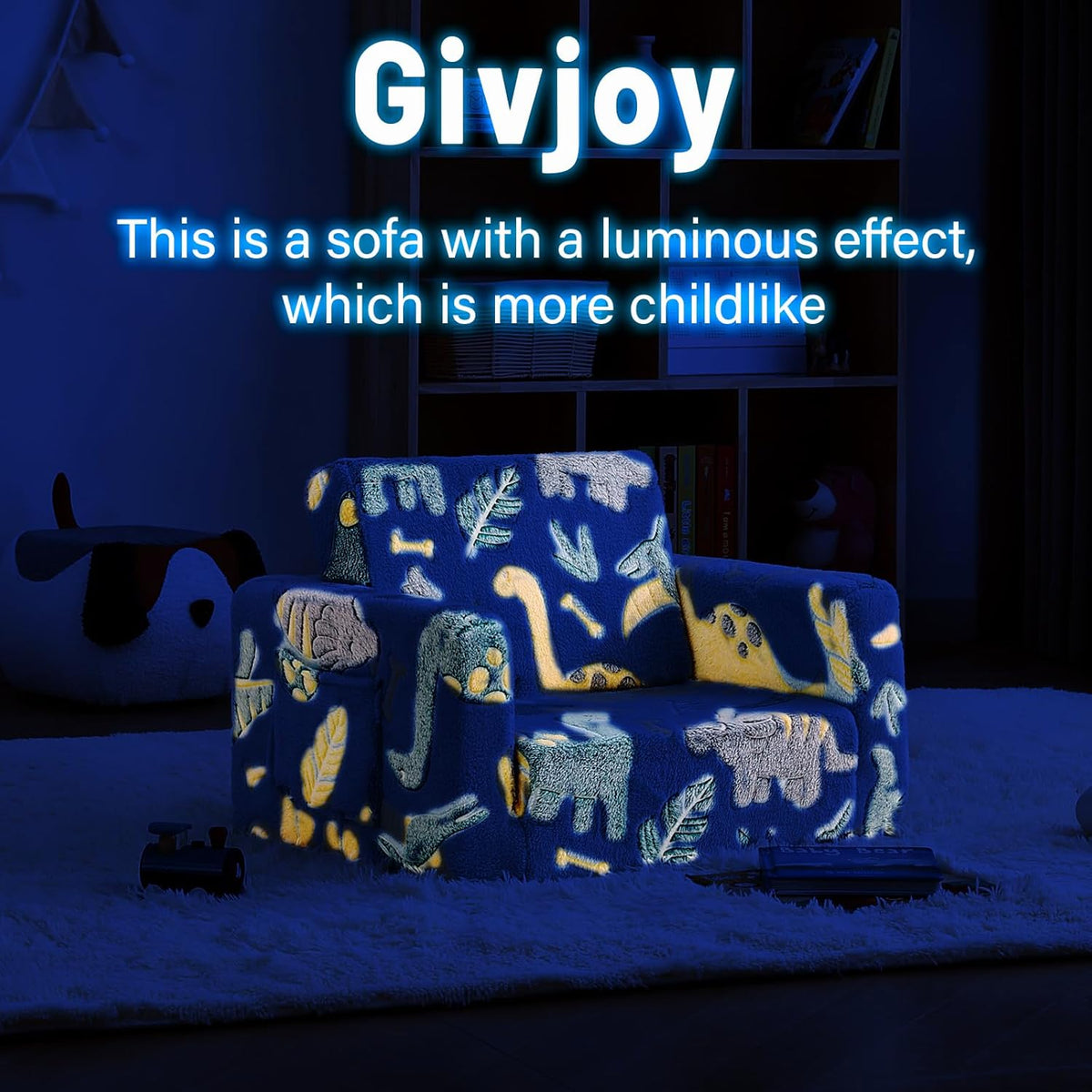 Toddler Chair Kids Couch, 2-in-1 Toddler Soft Sherpa Couch Fold Out Armchair Glow in The Dark with