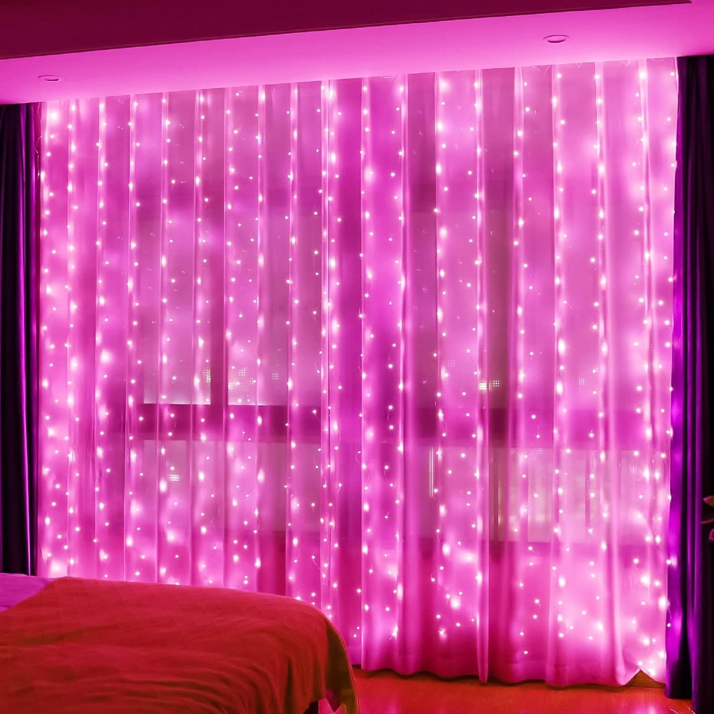 HXWEIYE 300LED Pink Fairy Curtain Hanging Lights with Remote 8 Modes Timer for Bedroom, 9.8x9.8Ft