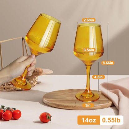 Amber Wine Glasses Set of 6-14oz Long Stem Wine Glass, Pretty Crystal Glassware, Hand Blown Goblets