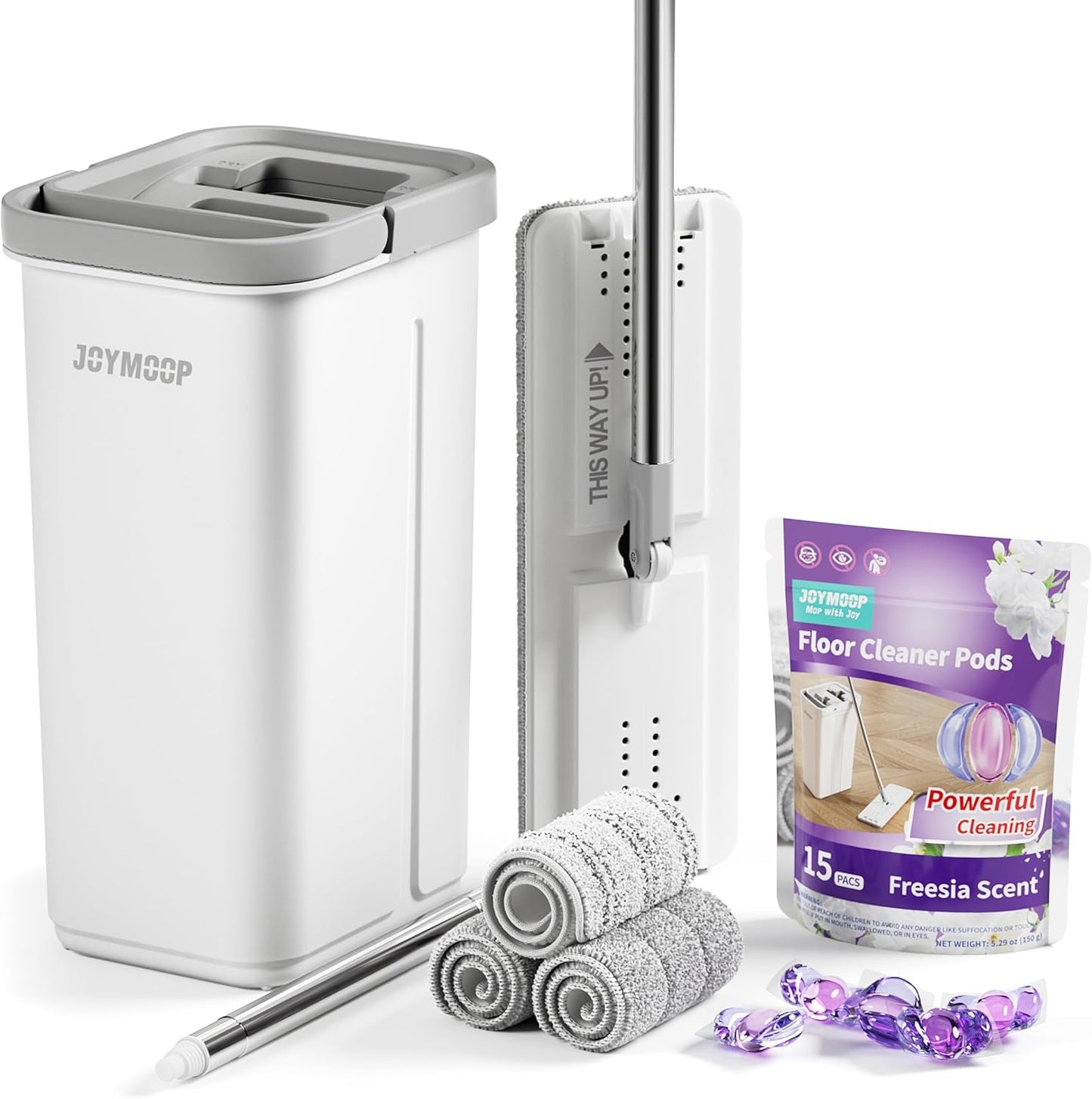 JOYMOOP Mop and Bucket with Wringer Set and Floor Cleaner Pods, Flat Floor Mop with 3 Reusable