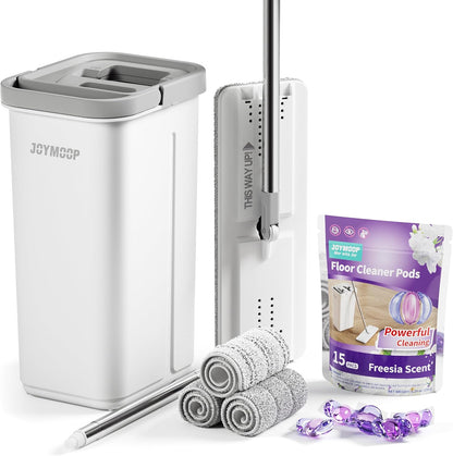 JOYMOOP Mop and Bucket with Wringer Set and Floor Cleaner Pods, Flat Floor Mop with 3 Reusable