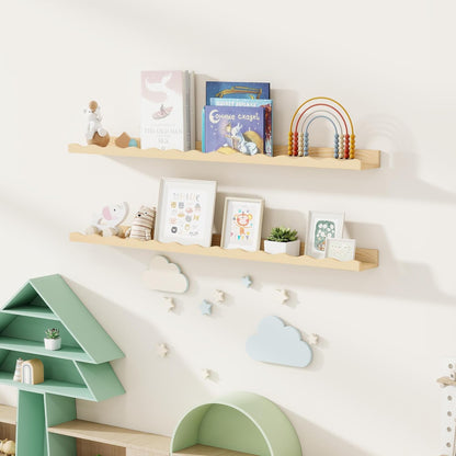 Fun Memories Picture Ledge Shelf for Wall, 48 inch Pine Wood Nursery Book Shelves Set of 2- Wall