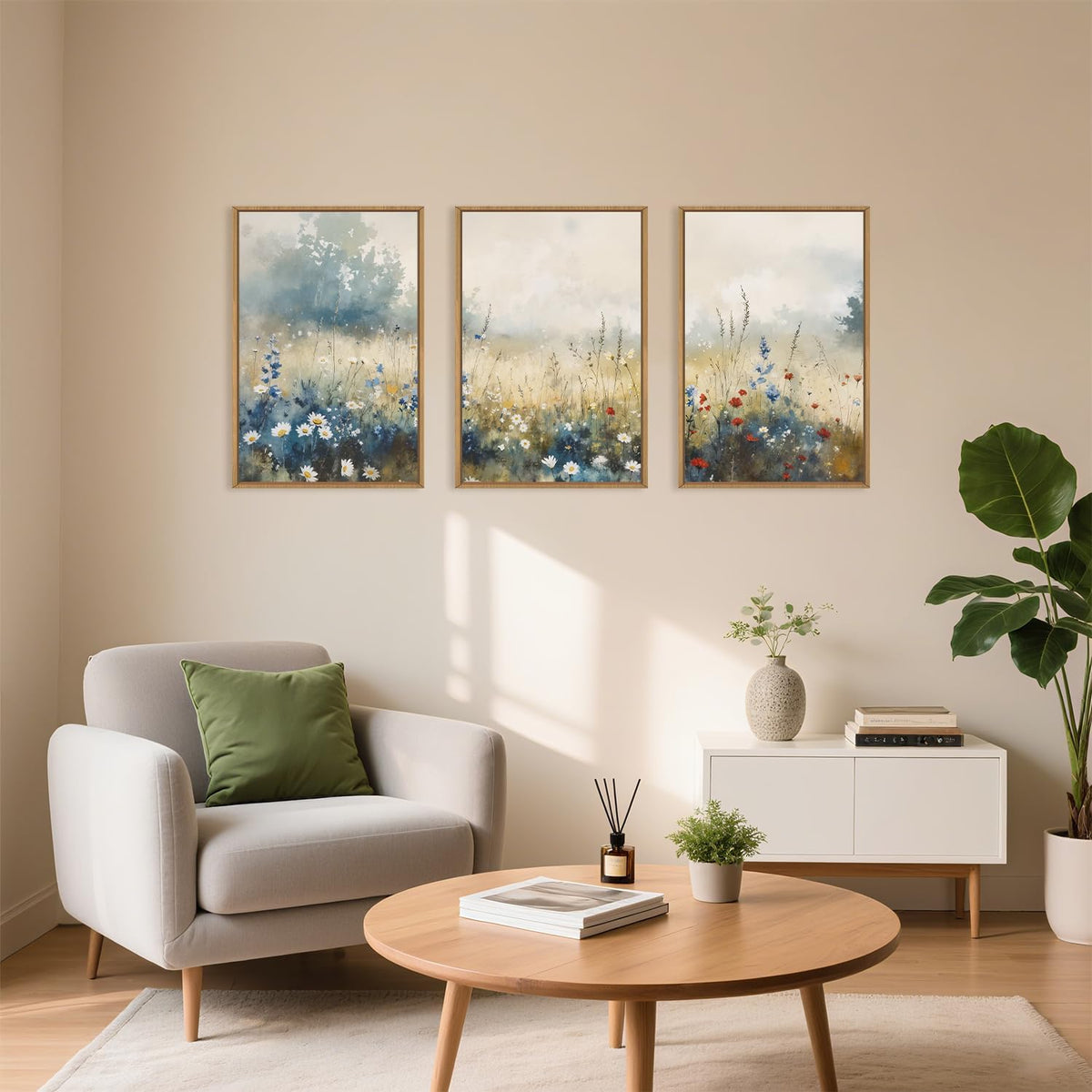 Nature Wildflower Framed Canvas Wall Art Set, Pastoral Landscape Wall Decor, Colorful Meadow Wall