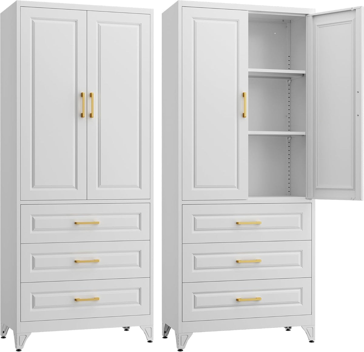 75" Kitchen Pantry Cabinet with 3 Drawer,Metal Storage Cabinets with Doors and 4 Adjustable
