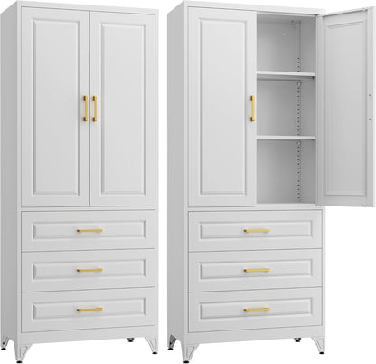 75" Kitchen Pantry Cabinet with 3 Drawer,Metal Storage Cabinets with Doors and 4 Adjustable