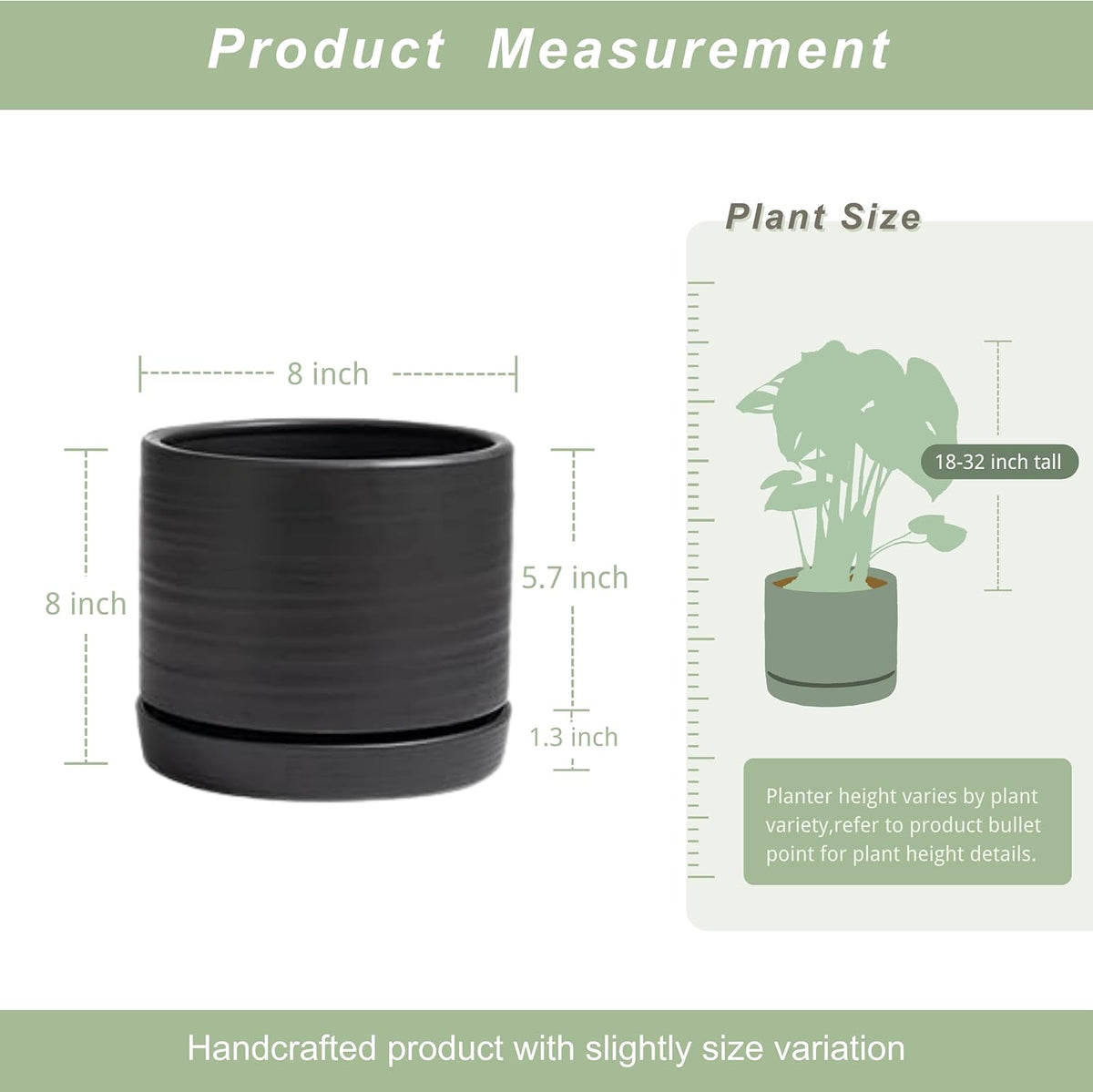 8 Inch Pots for Plants, Ceramic Planter Pot with Drainage Hole & Saucer, Indoor/Outdoor Cylinder