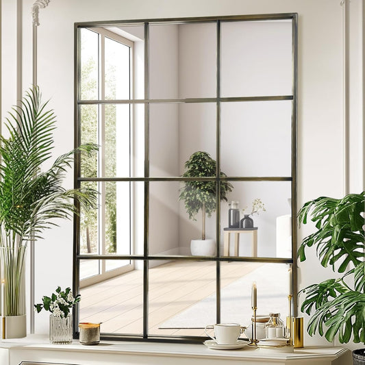 Windowpane Wall Mirror 24"x36" Bronze Wall Mounted Art Pane Mirror Farmhouse Decorative Mirror