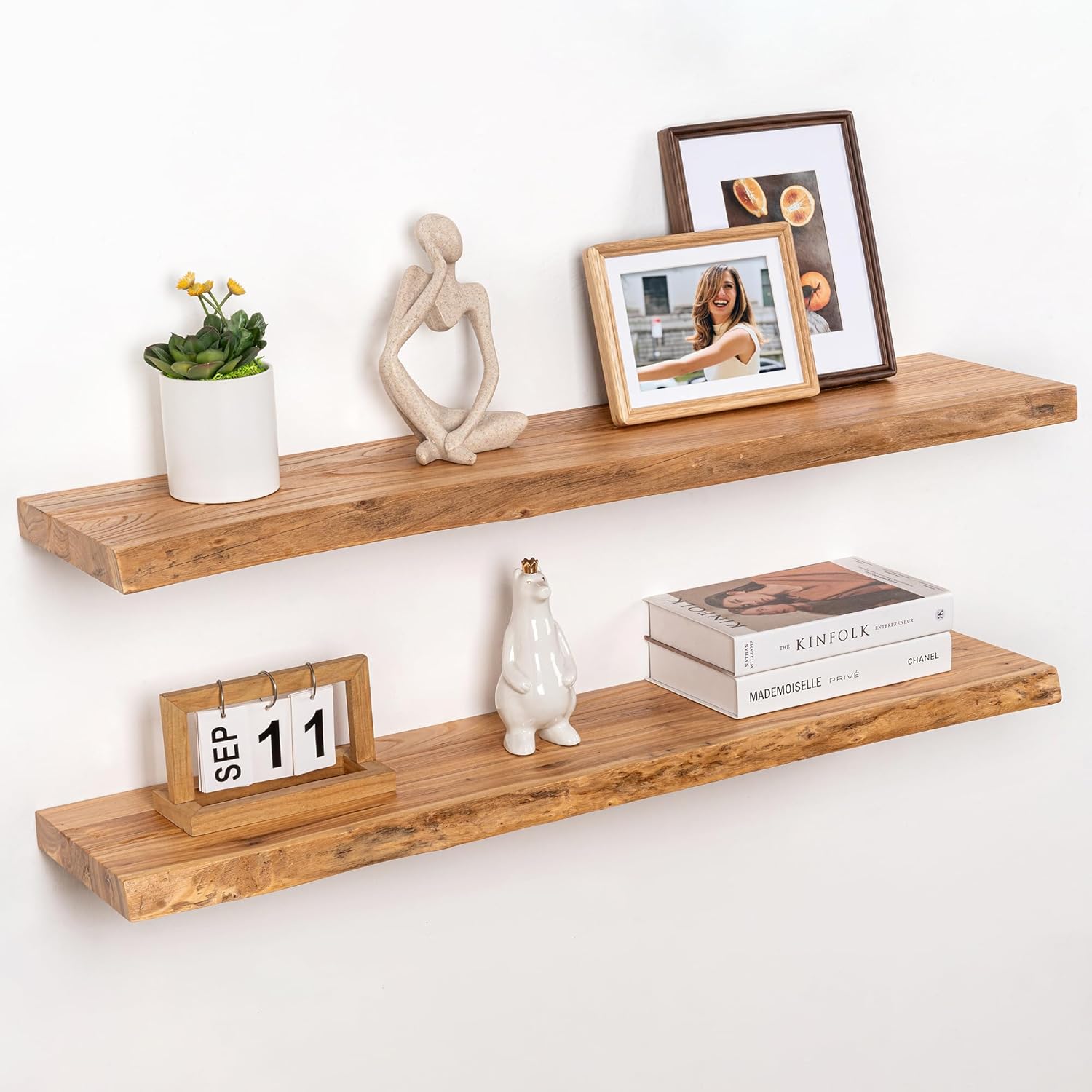 RICHFOCUS Live Edge Elm Floating Shelves - 40" W x 9.3" D Rustic Solid Wood Wall Shelves with