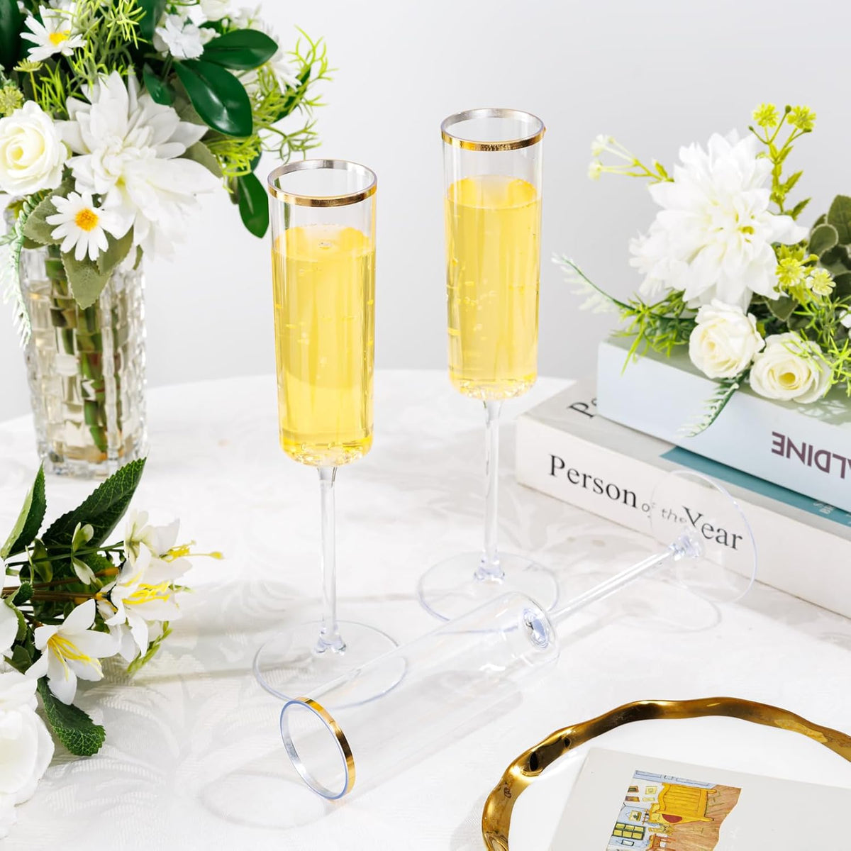 Ciaell 24 Pack Plastic Champagne Flutes - 6Oz Gold Rim Disposable Champagne Glasses - Square Clear