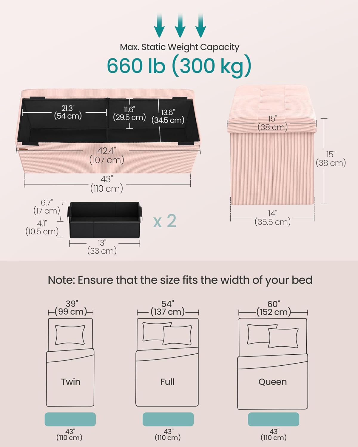 SONGMICS MAZIE Collection - Storage Ottoman Bench, Foldable Foot Rest, 15 x 43 x 15 Inches, End of