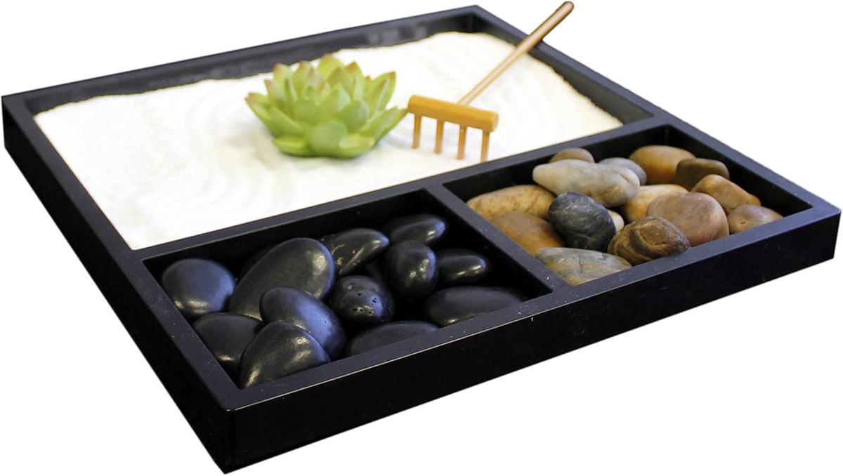 Nature's Mark Mini Zen Garden Kit for Desk with Rake, White Sand, Lotus Figure, 3 Sections Black