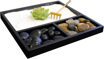 Nature's Mark Mini Zen Garden Kit for Desk with Rake, White Sand, Lotus Figure, 3 Sections Black