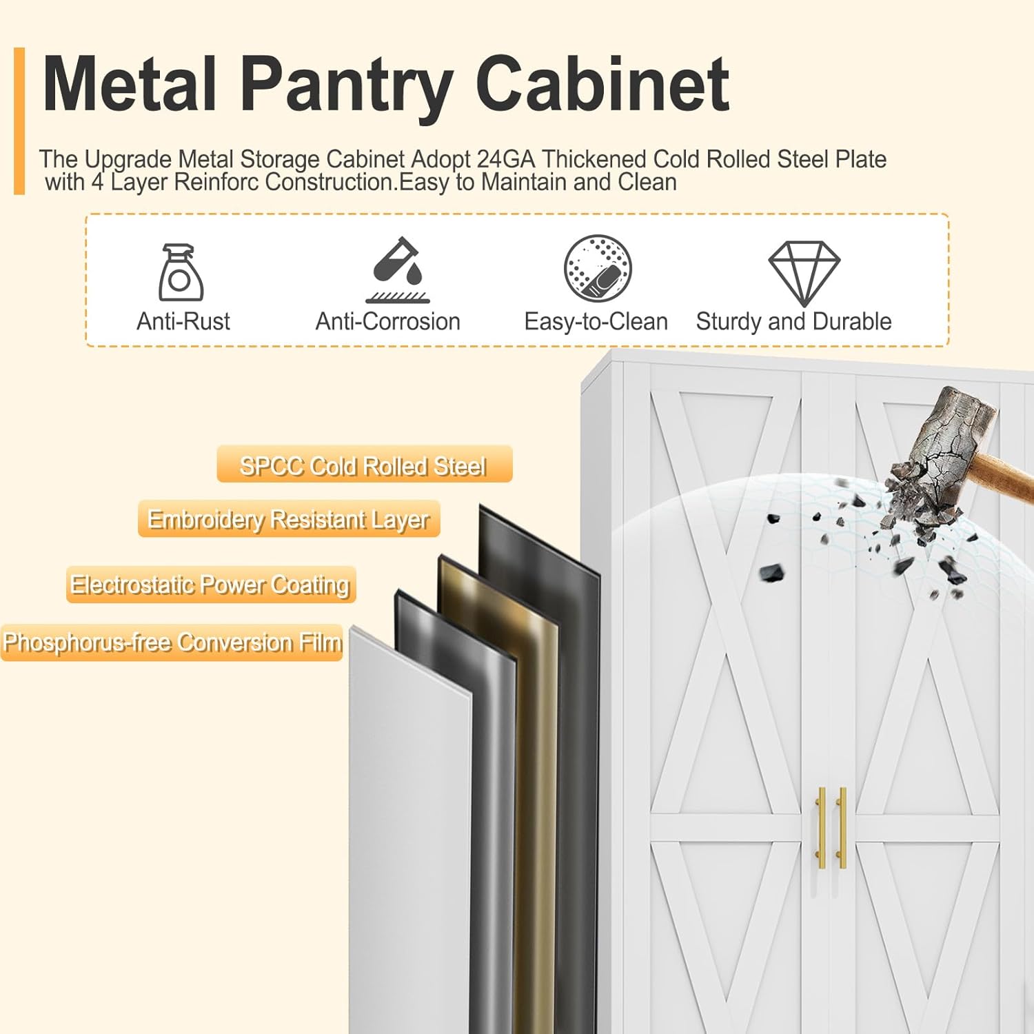 71" H Metal Kitchen Pantry Storage Cabinet, Freestanding Cupboard with 2 Doors and 4 Adjustable