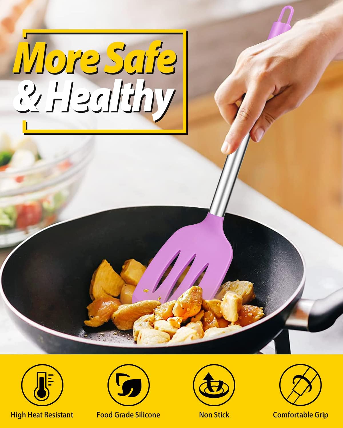 Pack of 2 Silicone Solid Turner, Non Stick Slotted Kitchen Spatulas, High Heat Resistant BPA Free