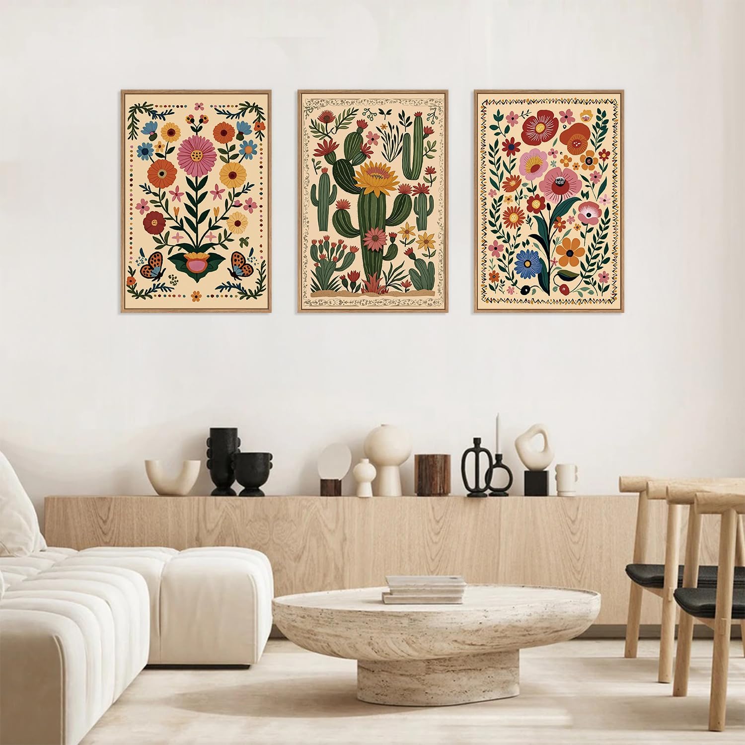 HLNIUC Vintage Flower Framed Canvas Wall Art,Colorful Desert Cactus Flower Wall Decor Set of