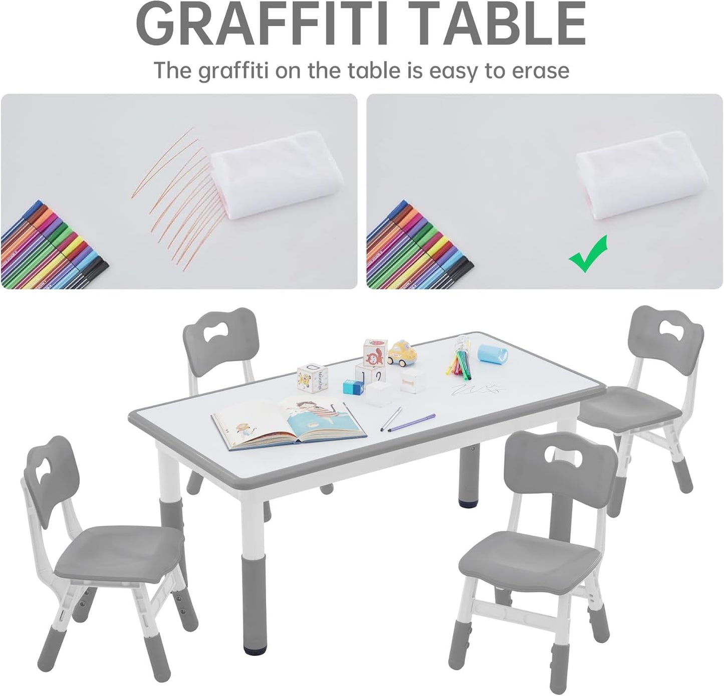 Kids Study Table and Chairs Set, Height Adjustable Toddler Table and Chair Set for Kids Ages 3-8