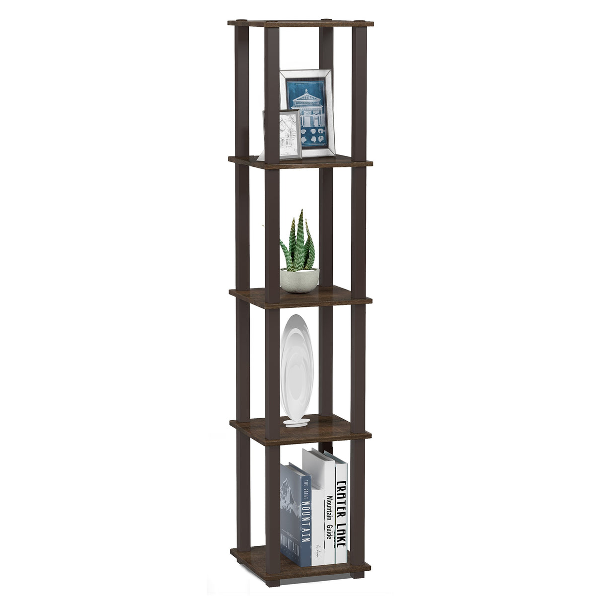 FURINNO Turn-S-Tube 5-Tier Corner Square Rack Display Shelf, Walnut/Brown
