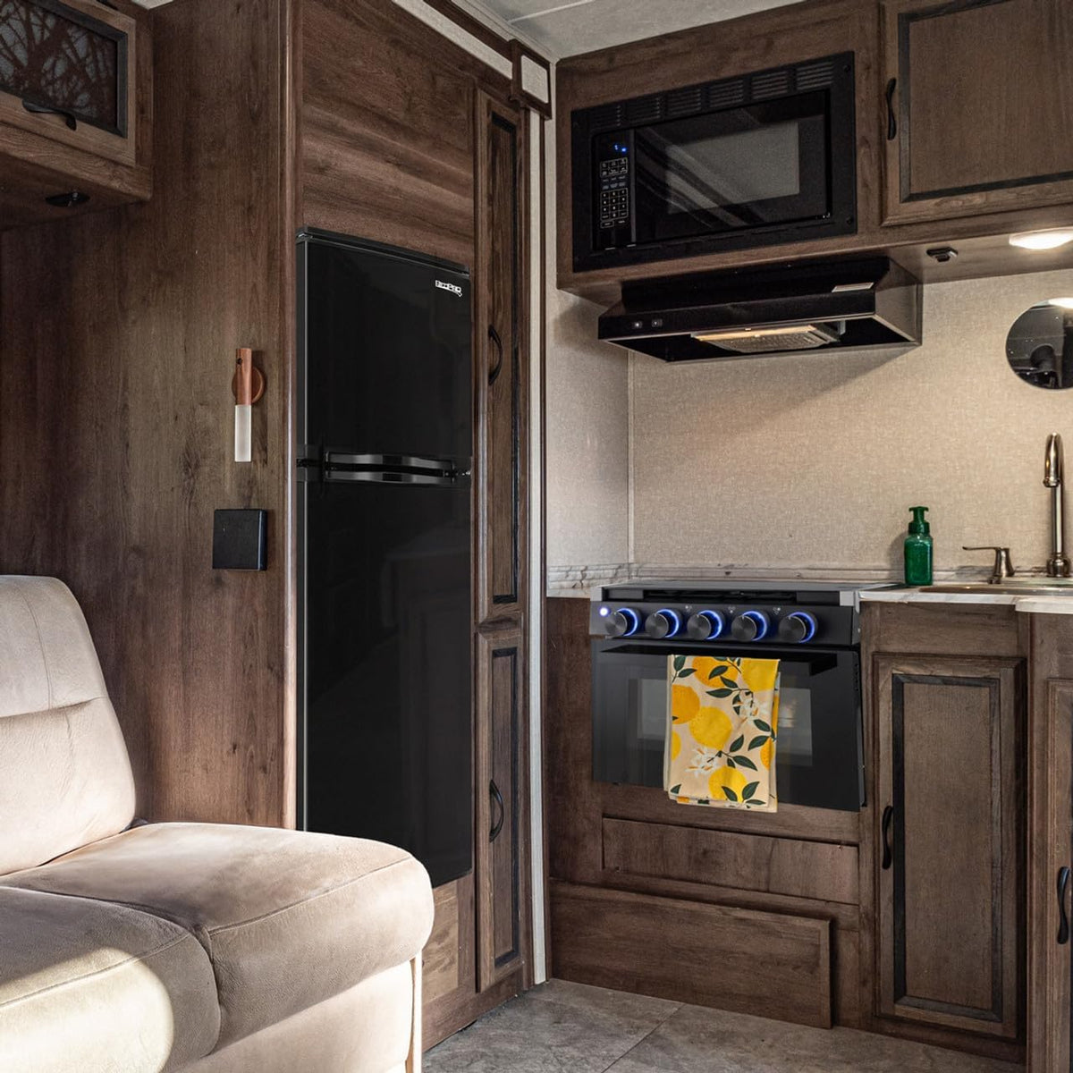 RecPro 4.4 Cu Ft 12V RV Refrigerator with Freezer | Frost-Free, Black Finish | Adjustable Shelves