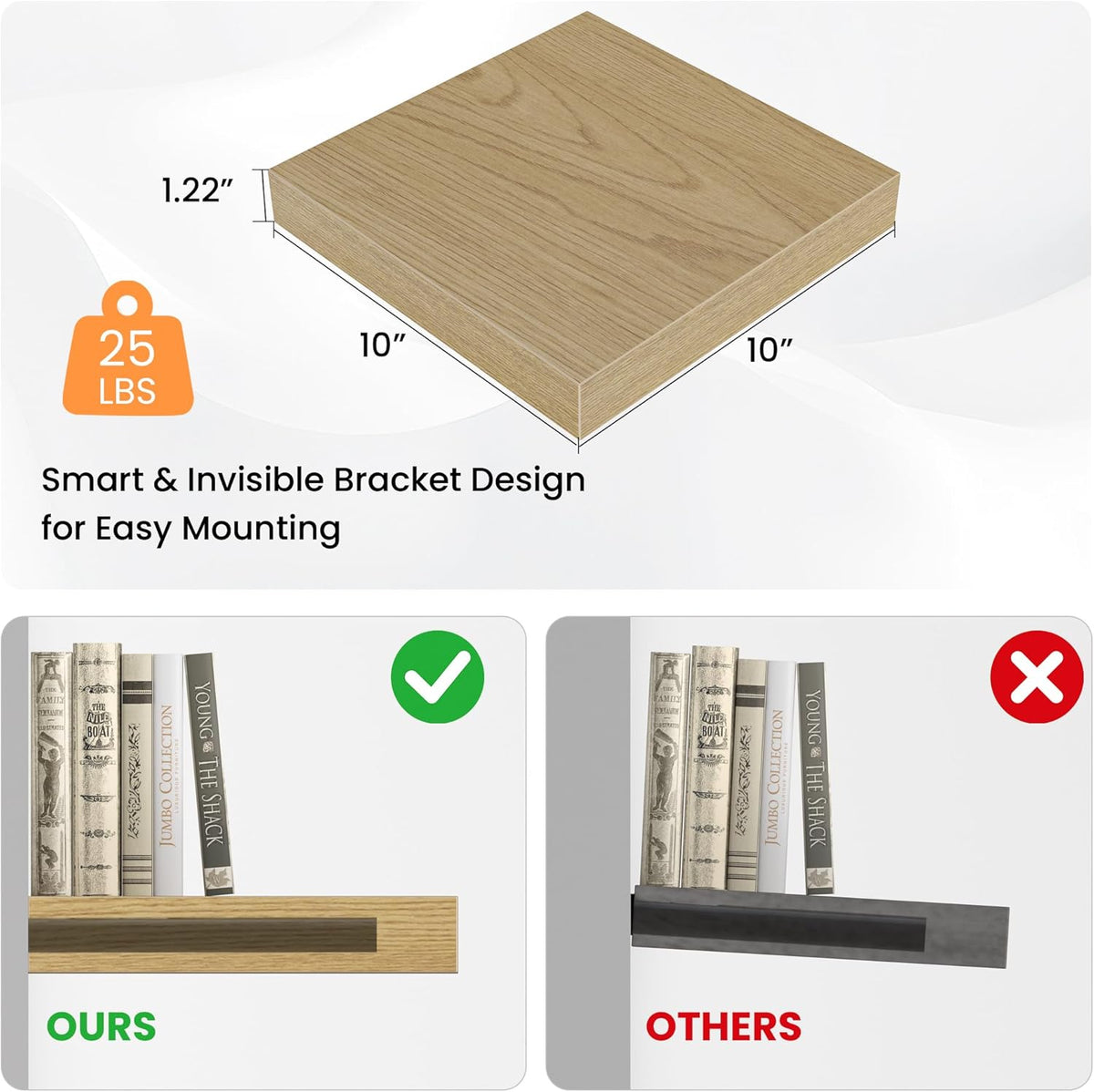Square Floating Shelves for Wall, 10" W x 10" D x 1.2" H, Small Wooden Wall Mounted Display Shelves